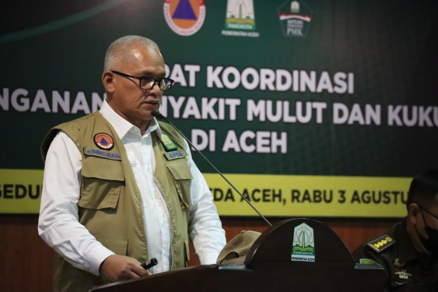 Ketua Satuan Tugas Penanganan Penyakit Kuku dan Mulut (PMK) Provinsi Aceh dr. Taqwalah M. Kes saat memberikan sambutan dan paparan penanganan PMK wilayah Aceh di Kantor Gubernur Aceh, Rabu (3/8).