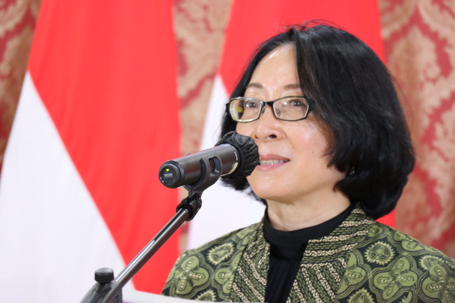 Utusan Khusus PBB untuk Pengurangan Risiko Bencana Mami Mizutori pada Konferensi Pers Persiapan Jelang GPDRR ke-7 di Denpasar, Bali (22/4).