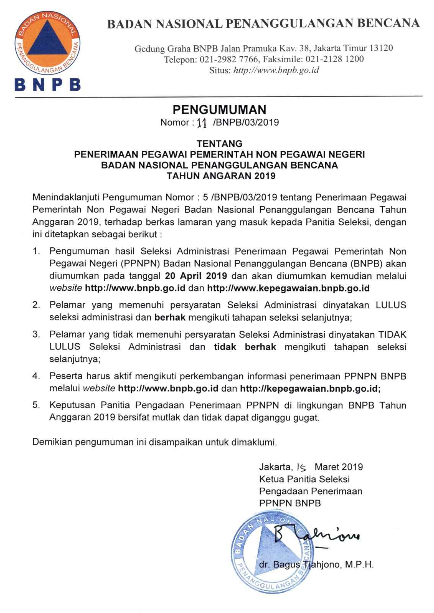 Pengumuman Seleksi Administrasi PPNPN BNPB