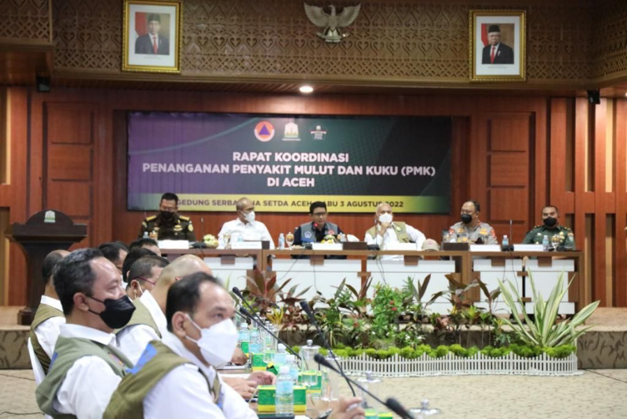 Ketua Satgas Penanganan PMK Nasional Letjen TNI Suharyanto, S.Sos., M.M, (tengah kiri) dalam Rapat Koordinasi Penanganan PMK wilayah Aceh di Kantor Gubernur Aceh, Rabu (3/8).